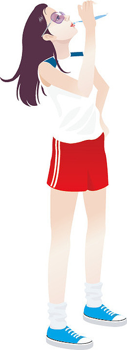 喝水女孩的侧面插图