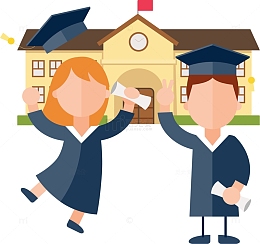 学校礼堂前穿学士服毕业生