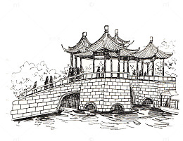 扬州五亭桥黑白素描画