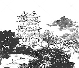 树丛中的亭台楼阁黑白水墨画
