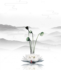 白莲莲蓬水墨山川
