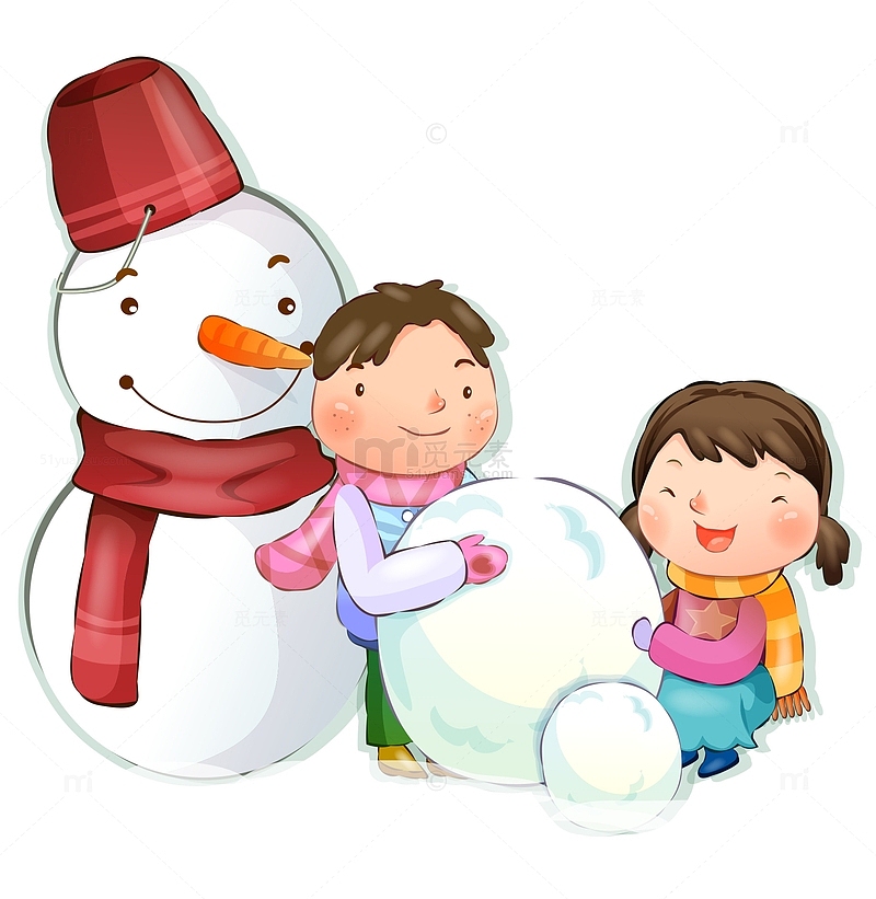 卡通手绘矢量兒童滚雪球堆雪人