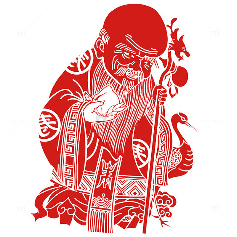 手拿寿桃的寿星中国传统剪纸艺术