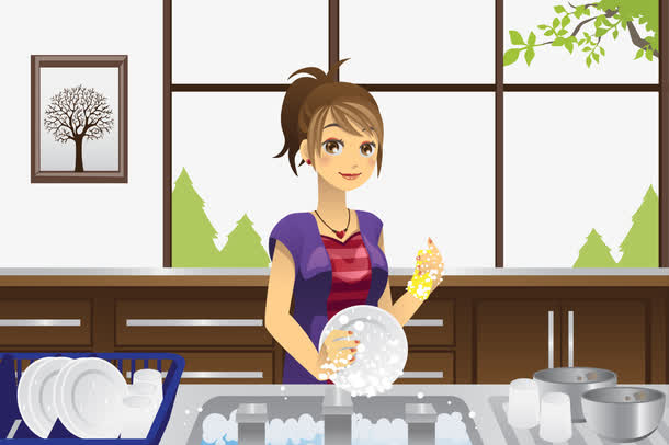 洗碗的女孩子矢量人物插画