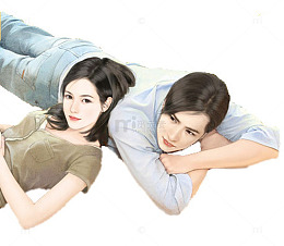 手绘情侣互相依偎