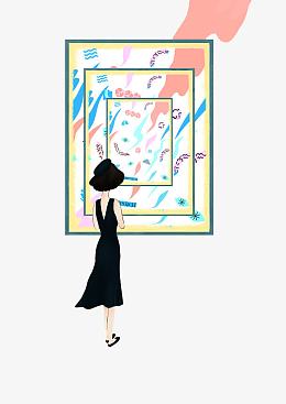 看画展孤独的女人背影