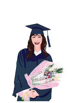 手绘捧花穿学士服的女大学生