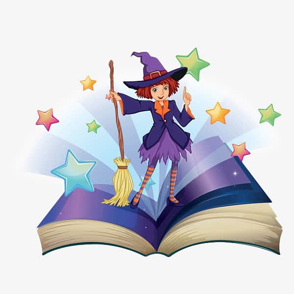 卡通可爱的小女巫站在魔法书上