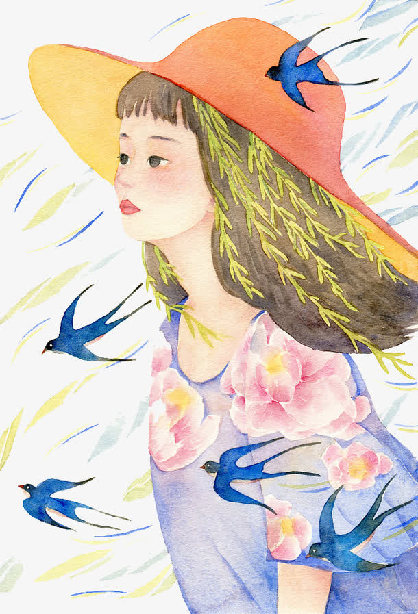 手绘插图春天清风徐徐