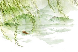 水墨手绘清风徐徐柳树吹