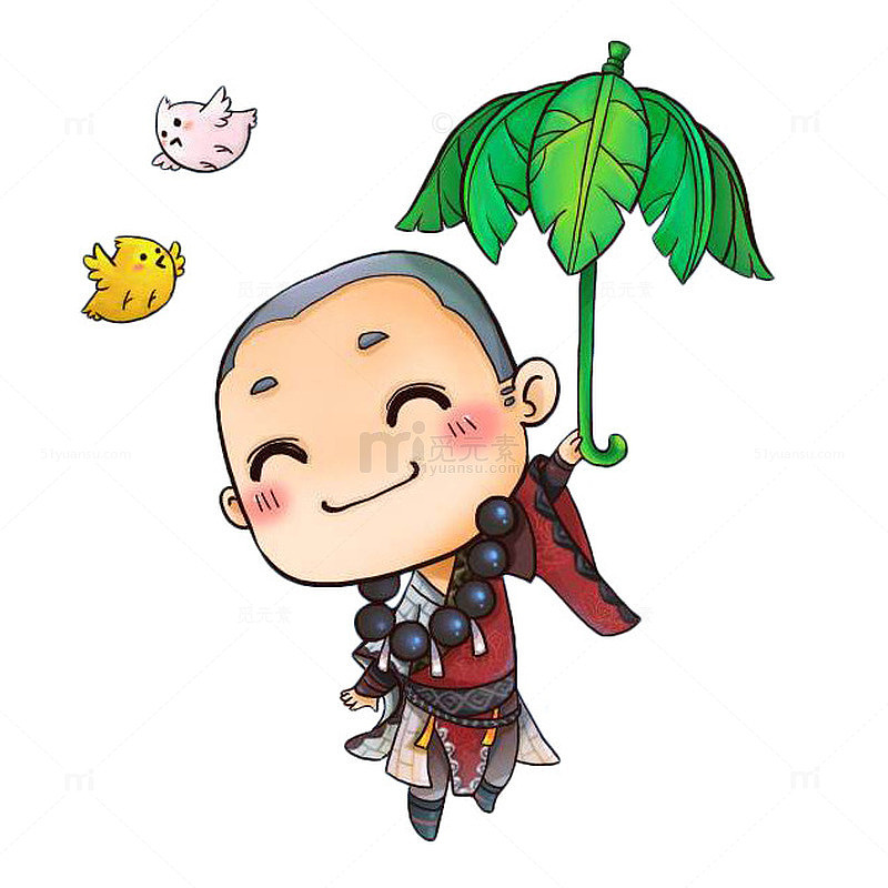 手绘抓着树叶伞的小和尚