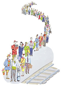 手绘插图站台排队上车的人