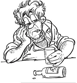 黑白插图喝醉酒烦恼的人