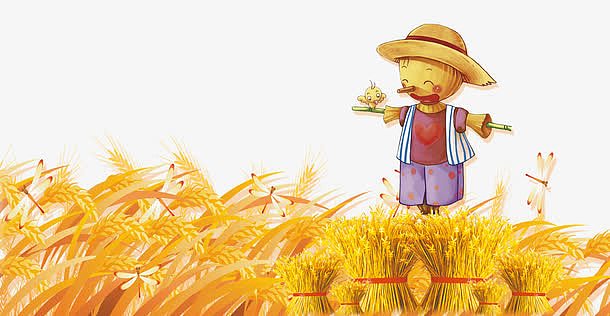 卡通丰收麦穗稻草人png一片丰收金色稻谷png金色麦穗背景图aijpg秋之