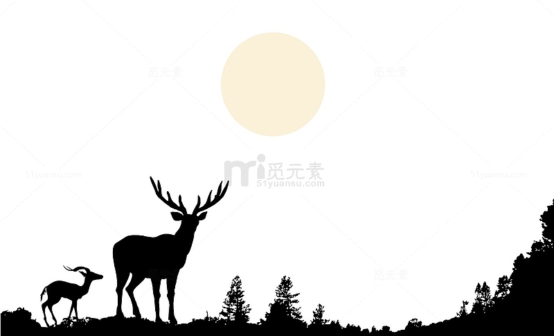 手绘黑白鹿山顶树林月亮剪影