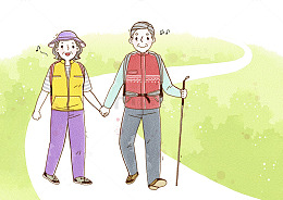 牵手散步在田野的老人