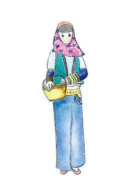 提篮子的惠安女孩水彩画