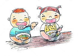 手绘吃饭的小孩子