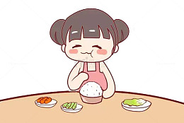 卡通吃饭的小女孩