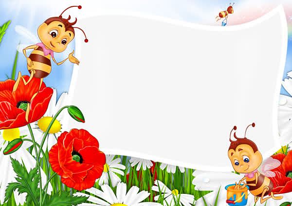 红色鲜花和卡通蜜蜂边框
