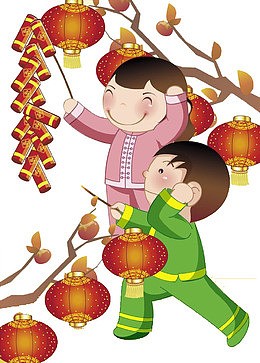 卡通小孩放烟花