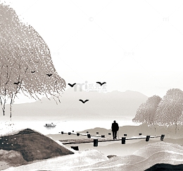 老人背影的画