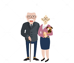 卡通穿正装带狗的夫妻