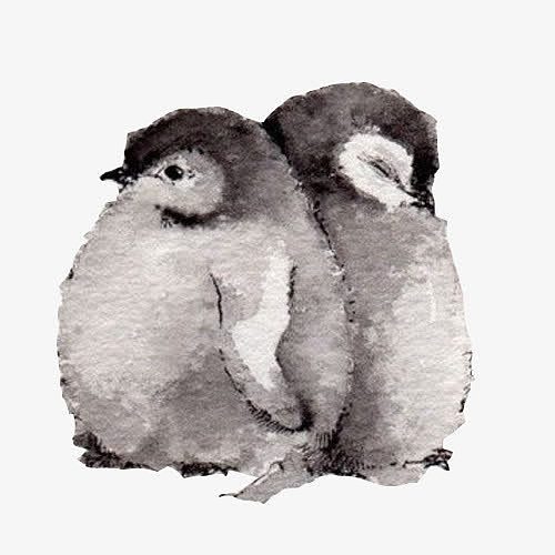 南极帝企鹅幼崽水彩画
