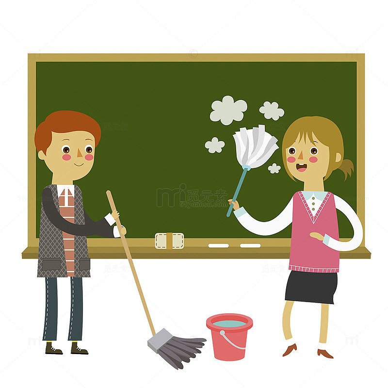 卡通人物插图打扫教室的孩子们