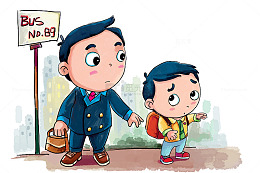 车站等车的背书包小男孩与爸爸