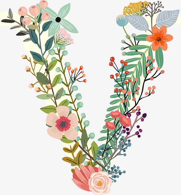 手绘植物花卉创意英文字母V