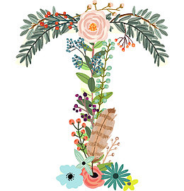 手绘植物花卉创意英文字母T