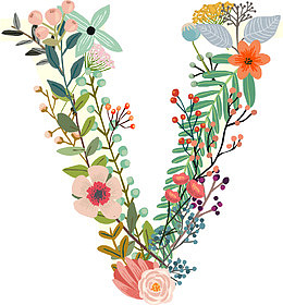 手绘植物花卉创意英文字母V