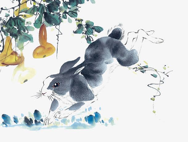 手绘葫芦瓜藤下的兔子