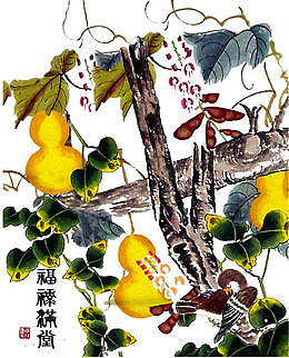 中国画彩色葫芦瓜藤藤蔓
