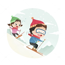 雪天滑雪的2个小孩