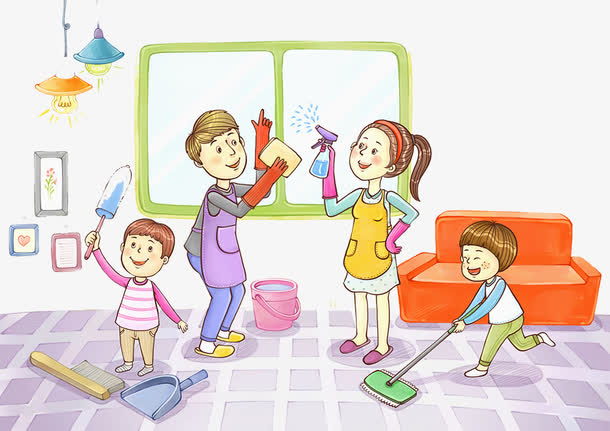 卡通插图一家人劳动场景