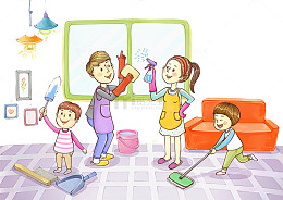 卡通插图一家人劳动场景