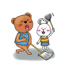 卡通插画擦地板的小熊
