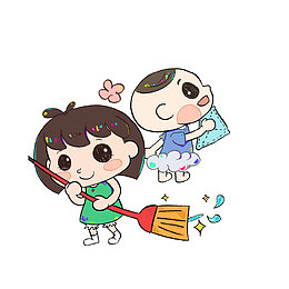 扫地的女孩，擦玻璃的男孩