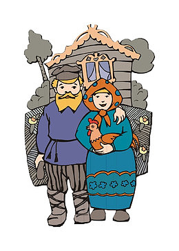 小木屋前的农村老夫妇