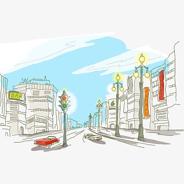 手绘蓝天下的街景