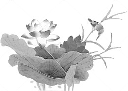 水墨荷花上的小鸟