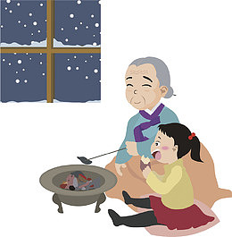 烤火取暖的祖孙
