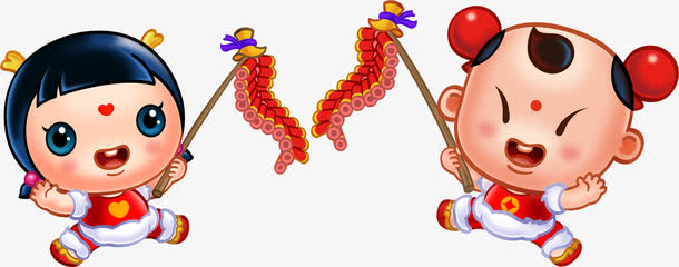 金童玉女拜年鞭炮春节中国风免抠素材免费下载_觅元素51yuansu.com