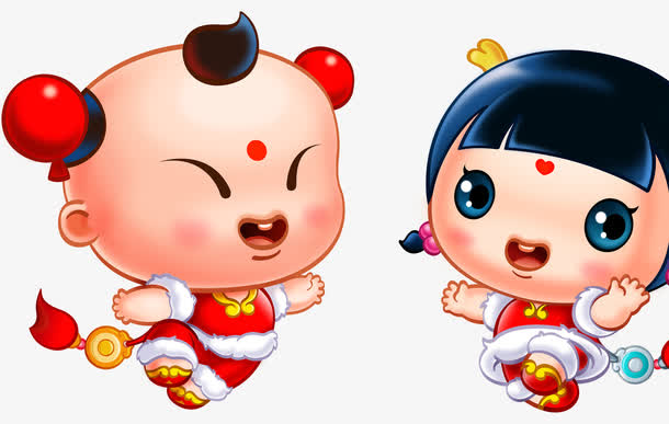 金童玉女拜年春节中国风奔跑