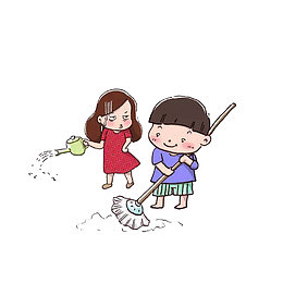 开心扫地的小孩，洒水的妈妈