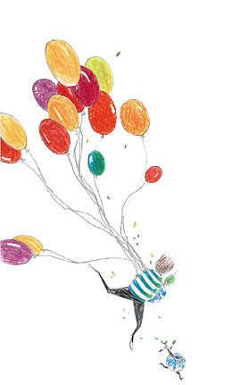 手绘拿着气球奔跑中的孩子