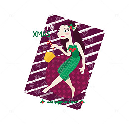 紫色条纹背景女孩卡片