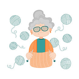 手绘老太织毛衣插画